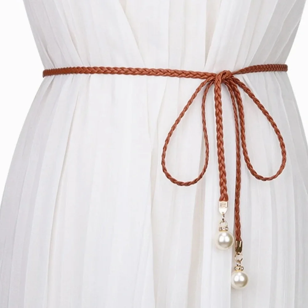 NEW| Women’s Elegant Faux Pearl Braided Vintage Style Skinny Belt PU Leather